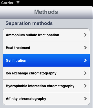 Gel Filtration menu