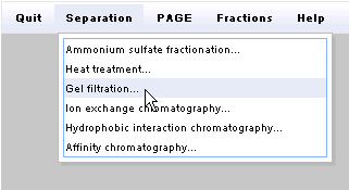 Gel Filtration menu