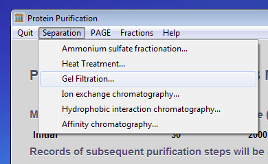 Gel Filtration menu