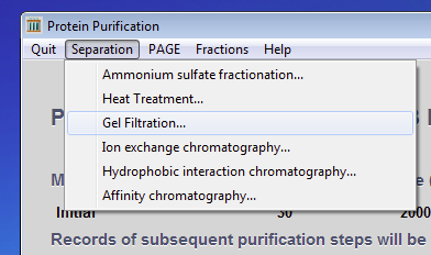 Gel Filtration menu